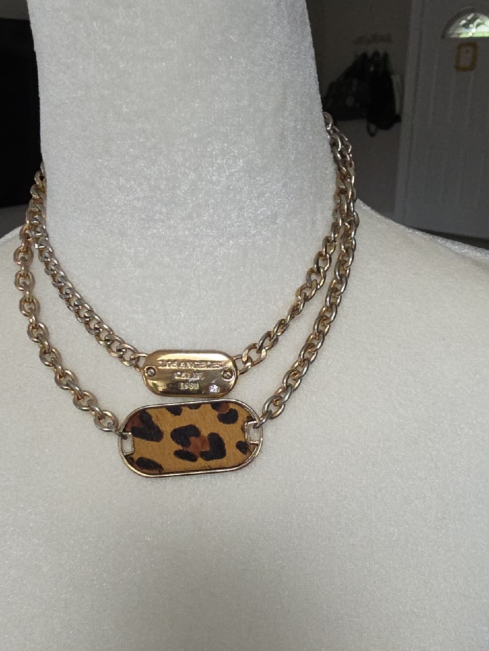 Guess Gold-Tone Double Layer Necklace with Leopard Print Pendant